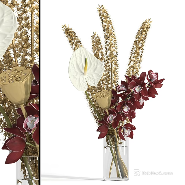 Elegant Decorative Ornament Arrangement With Red Orchids White Calla Lilies Gold Stems And Glass Vase 3d model 