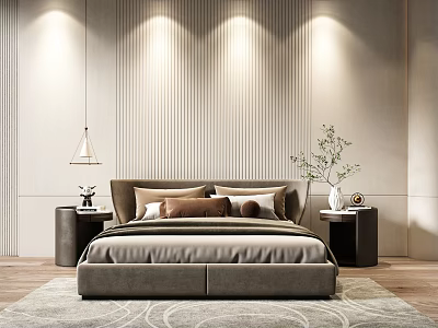 Modern Double Bed In Bedroom With Textured Wall Bedside Tables Lighting And Green Plant Decor 3d model