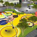 Vibrant Outdoor Children's Playground With Colorful Circular Structures Trees And People Playing