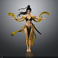 Woman in black yellow outfit with tied hair flowing yellow ribbons arms outstretched gray background