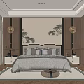 Elegant Modern Bedroom Interior With Wooden Furniture Headboard Wall Landscape Painting Pendant Lights And Rug