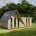 Contemporary Guesthouse Design With Sloped Roof Glass Walls Wooden Deck And Rooftop Terrace