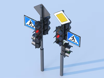 Pedestrian Crossing Traffic Lights With Red Signals And Solar Panels 3d model