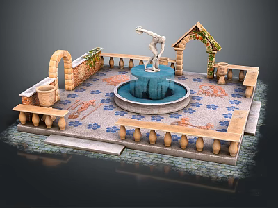 Elegant Garden Ornament with Central Fountain Statue Stone Arches and Paved Patterns 3d model
