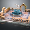 Elegant Garden Ornament with Central Fountain Statue Stone Arches and Paved Patterns