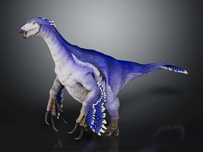 Blue And White Feathered Dinosaur With Long Neck Open Mouth And Sharp Claws 3d model