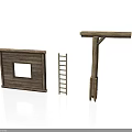 Wooden Building Components Featuring Panel With Square Window Ladder And Pole