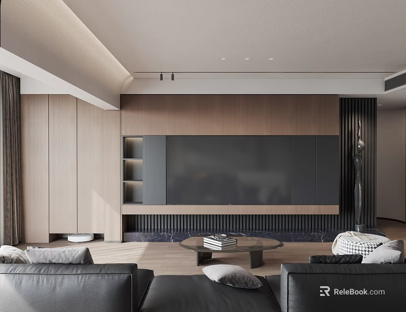 Modern TV Wall Design With Wooden Panel And Built in Shelves In Living Room 3d model 