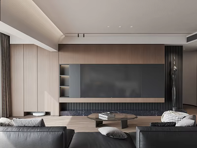 Modern TV Wall Design With Wooden Panel And Built in Shelves In Living Room 3d model