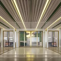 Modern Parking Garage Interior with Brown White Vehicles Glass Doors and Yellow Ceiling Lights