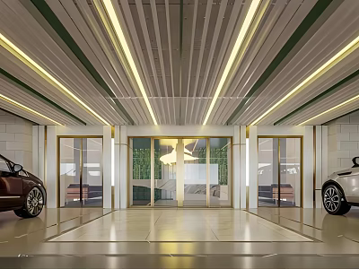Modern Parking Garage Interior with Brown White Vehicles Glass Doors and Yellow Ceiling Lights 3d model