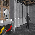 Industrial Public Restroom With Wooden Beams Round Mirrors Washbasins And Stalls