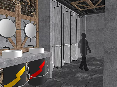 Industrial Public Restroom With Wooden Beams Round Mirrors Washbasins And Stalls 3d model