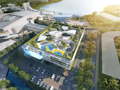 Modern Building With Rooftop Garden Circular Structures Green Plants Parking Lot And Water Area 3d model