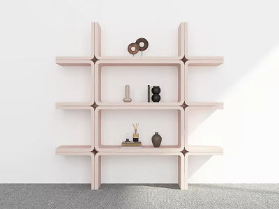 Modern Minimalist Pink Shelf Unit With Multi Compartments On White Wall Decorated With Ornaments 3d model