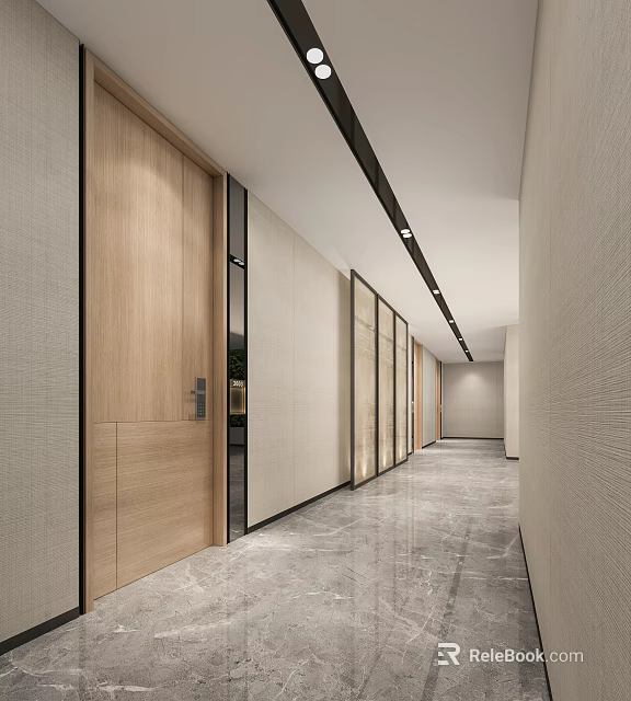 Modern Hotel Corridor With Wooden Doors Marble Floor And Recessed Lighting 3d model 