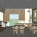 Modern Bubble Tea Shop Interior With Wooden Tables Seating Area Menu Boards And Plants