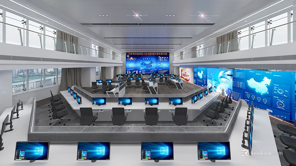 Modern High Tech Control Room Interior With Multiple Monitors Command Consoles And Large Digital Screens 3d model 