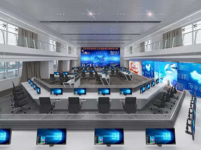 Modern High Tech Control Room Interior With Multiple Monitors Command Consoles And Large Digital Screens 3d model