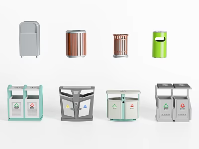 Public Trash Bins With Various Types Different Colors And Recycling Compartments 3d model