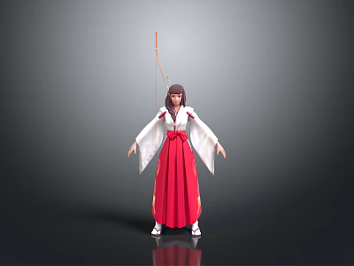 Red And White Kimono Worn By Female Model Holding Long Sword In Gray Gradient Background 3d model