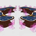 Modern Set of Wooden Entertainment Tables with Board Game Layout and Pink Chairs