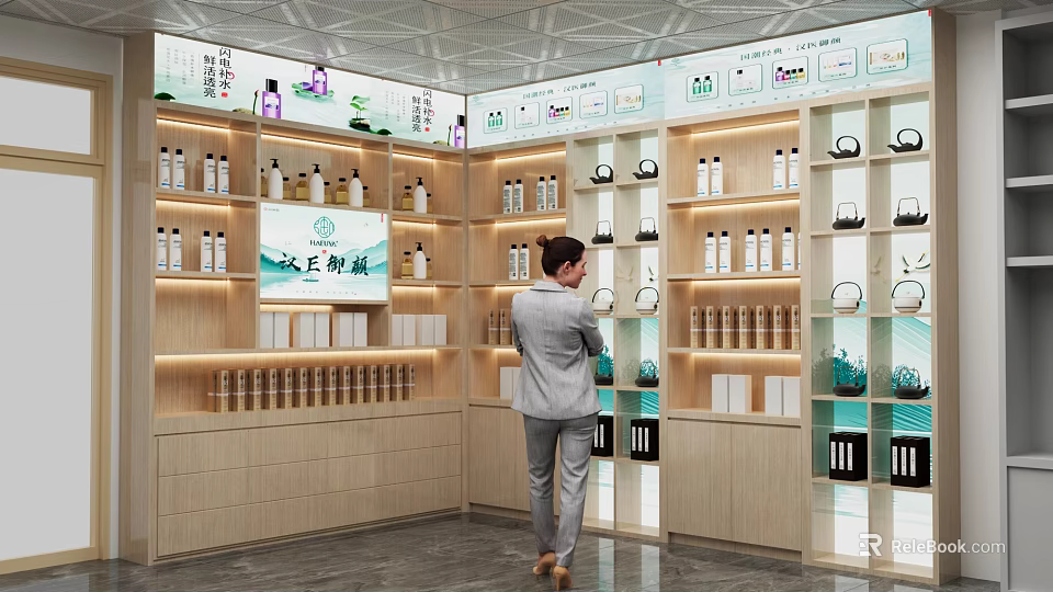 Modern Shopping Mall Store With Wooden Shelves And Various Bottled Products Lighting And Brand Signage 3d model 