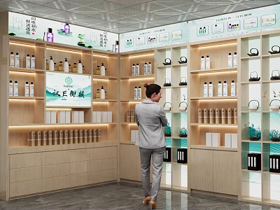 Modern Shopping Mall Store With Wooden Shelves And Various Bottled Products Lighting And Brand Signage 3d model
