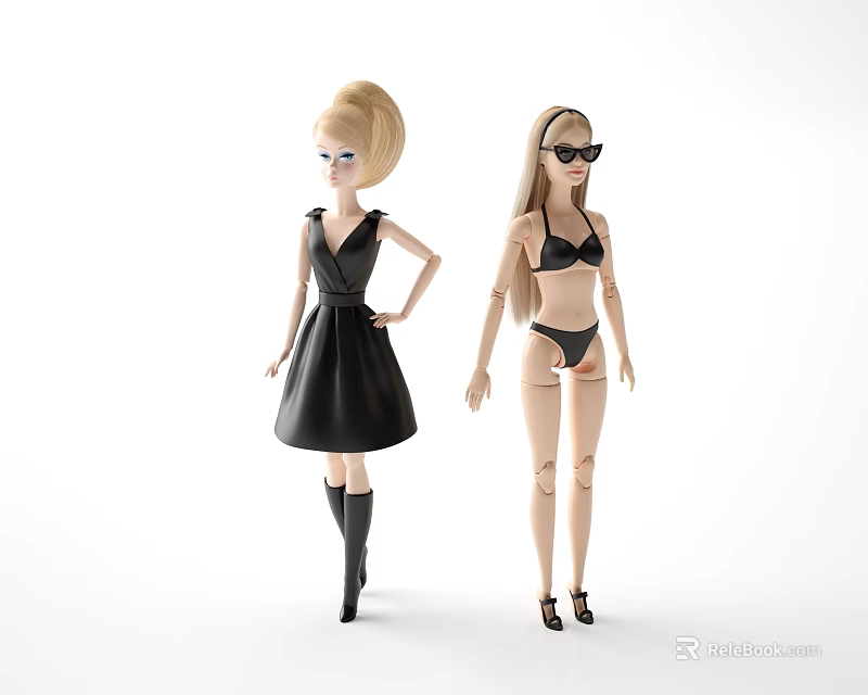 Two Stylish Dolls Wearing Black Dress Boots Bikini And Sunglasses Outfits 3d model 