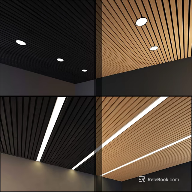 Modern Ceiling Decor With Black And Wooden Slatted Panels And Recessed Strip Lighting 3d model 