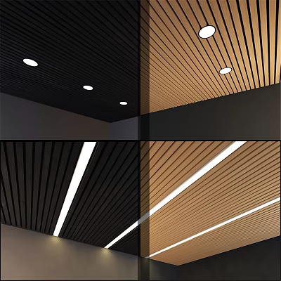 Modern Ceiling Decor With Black And Wooden Slatted Panels And Recessed Strip Lighting 3d model