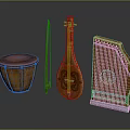 Traditional Wooden Musical Instruments With Carved Design And Red Drum Head On Black Background