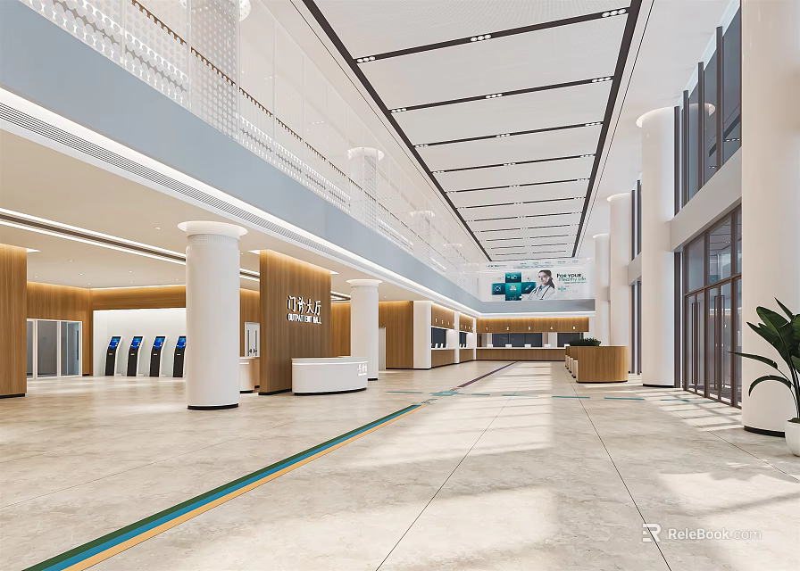 Hospital Outpatient Hall With Spacious Interior Reception Desk And Self Service Kiosks 3d model 