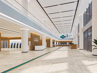 Hospital Outpatient Hall With Spacious Interior Reception Desk And Self Service Kiosks 3d model
