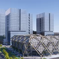 Modern Commercial Complex With High Rise Towers Central Plaza And Green Areas