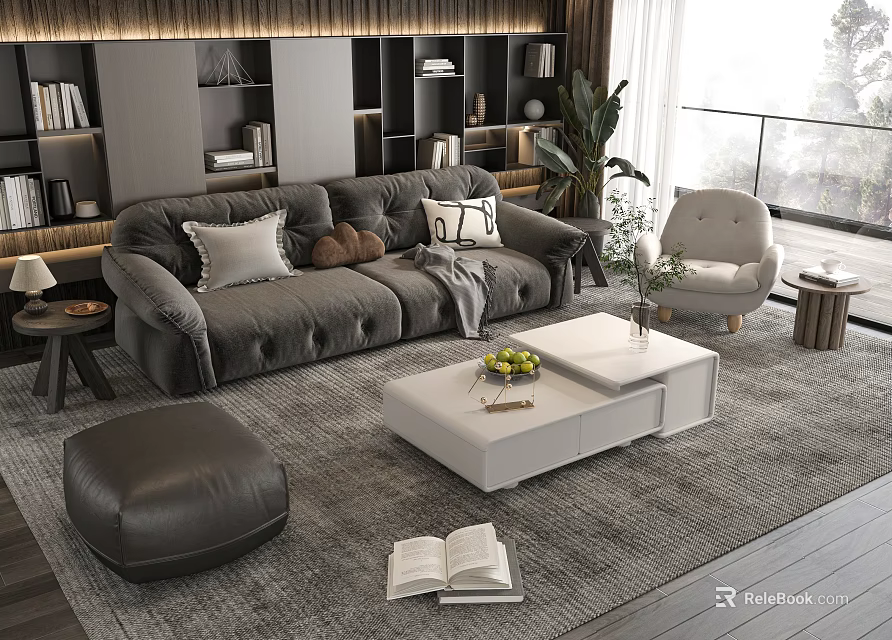 Modern Living Room Interior With Gray Sofa White Coffee Table Pillows Fruit And Gray Ottoman 3d model 