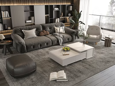 Modern Living Room Interior With Gray Sofa White Coffee Table Pillows Fruit And Gray Ottoman 3d model