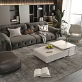 Modern Living Room Interior With Gray Sofa White Coffee Table Pillows Fruit And Gray Ottoman