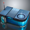 Cartoon Scene Of Bank Service Counter With Blue Futuristic Design Digital Display And Red Antenna