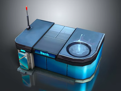 Cartoon Scene Of Bank Service Counter With Blue Futuristic Design Digital Display And Red Antenna 3d model