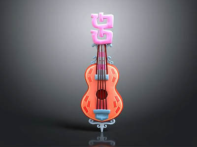 3D Model Stringed Instrument With Orange Body Pink Decorative Top Strings And Stand 3d model