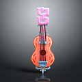 3D Model Stringed Instrument With Orange Body Pink Decorative Top Strings And Stand 3d model