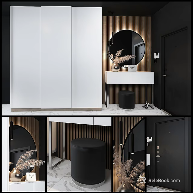 Modern Dressing Table Interior Design With Round Mirror White Countertop And Black Stool 3d model