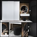 Modern Dressing Table Interior Design With Round Mirror White Countertop And Black Stool 3d model