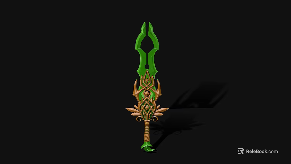 Green Ornate Weapon Design With Golden Decorations And Intricate Hilt Details 3d model 