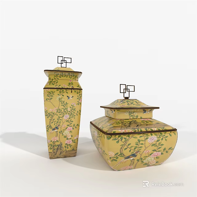 Yellow Ceramic Vessels With Floral And Bird Patterns Square Lids And Metal Handles 3d model 