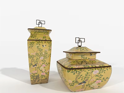 Yellow Ceramic Vessels With Floral And Bird Patterns Square Lids And Metal Handles 3d model
