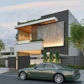 Modern Detached Villa Exterior With Stone Wall Large Glass Windows And Rooftop Greenery 3d model