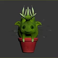 Cartoon Green Spiky Plant with White Spikes Big Eyes in Red Pot