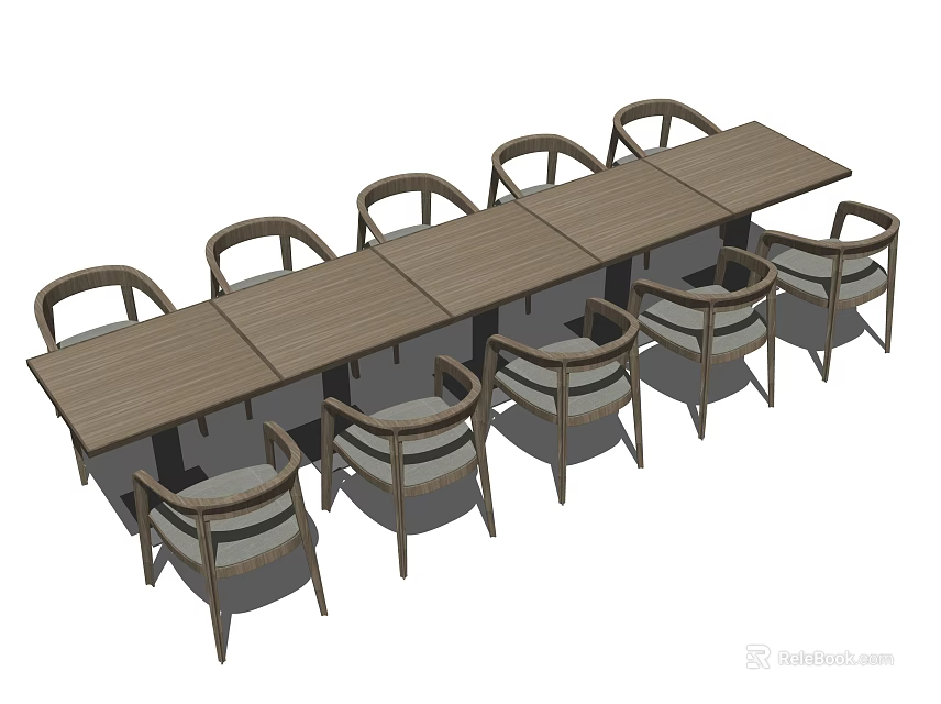 Wooden Dining Table Set With Long Tabletop And Multiple Upholstered Chairs 3d model